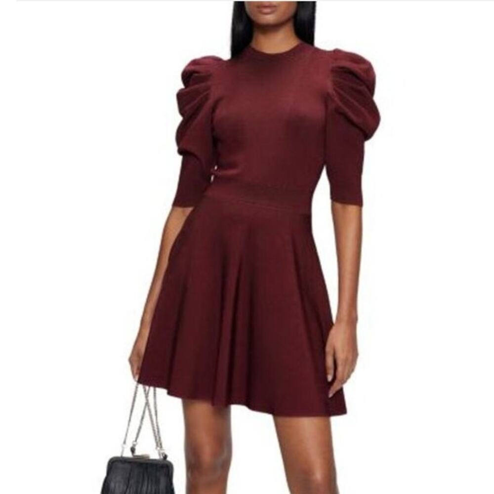 Ted Baker LLORNA Puff-Sleeve Ribbed Knit Skater Dress Burgundy Red Size 2